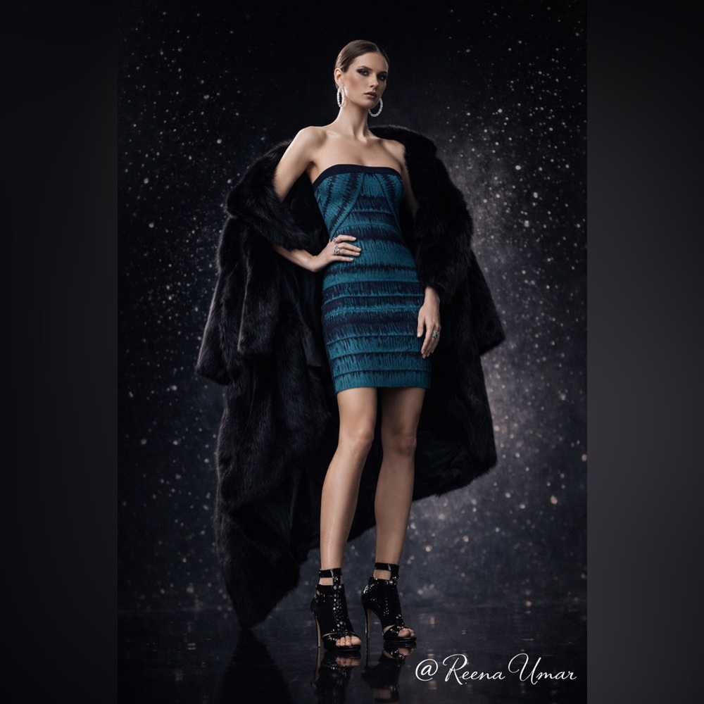 Teal & Navy Strapless Bandage Dress – Size S (Fits XS)